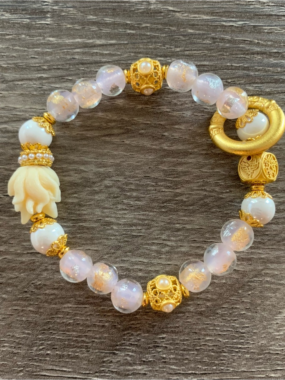 Gold & Opal White Beaded Stretch Bracelet with Floral Accent